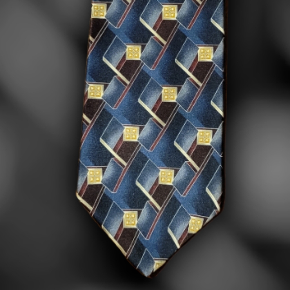 Vtg Retro Design Studios 100% Silk Tie Blueish Grey Burgundy Red Gold